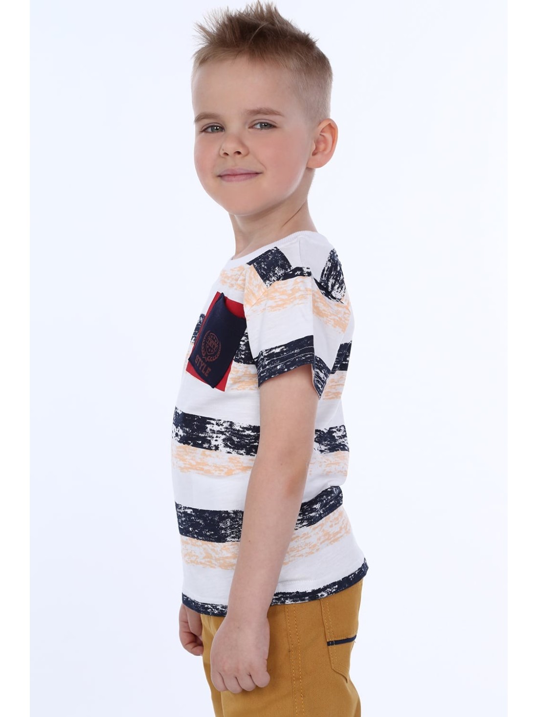 Boy\'s striped T-shirt with a pocket / navy blue NDZ4534 - Online store - Boutique